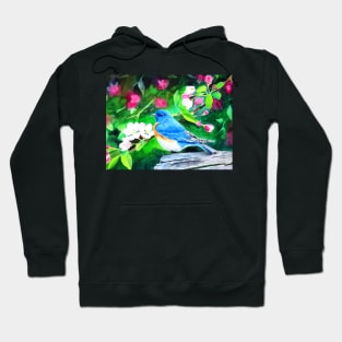 Eastern Bluebird in Blossoms Watercolor Painting Hoodie